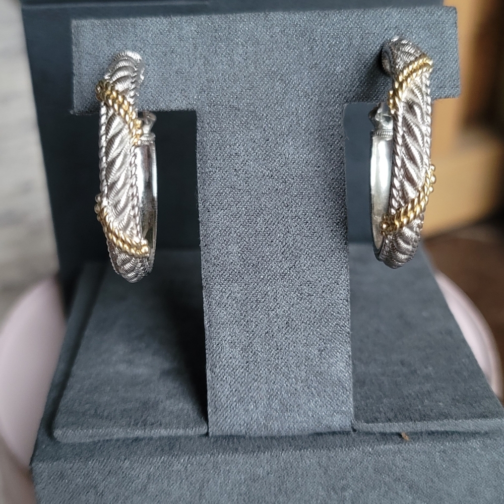 Judith Ripka 925 Silver and 14kt Gold Rope Detail Hoop Earrings